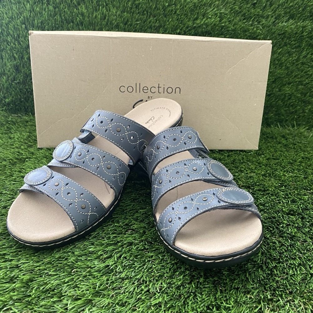 Clarks NEW Leisa Cacti Q Denim Blue Leather Slide Comfort Sandals Women's 9